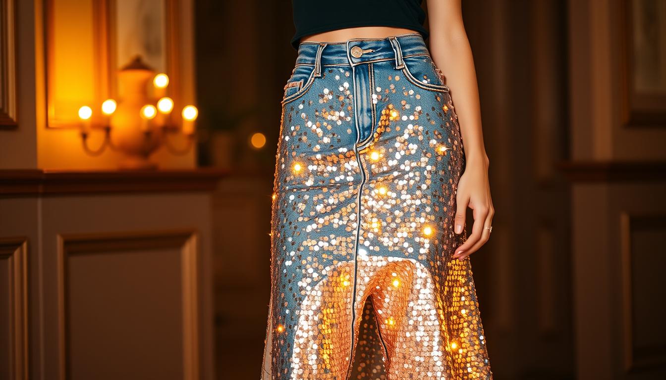 embellished sequin denim skirts | glamorous evening wear